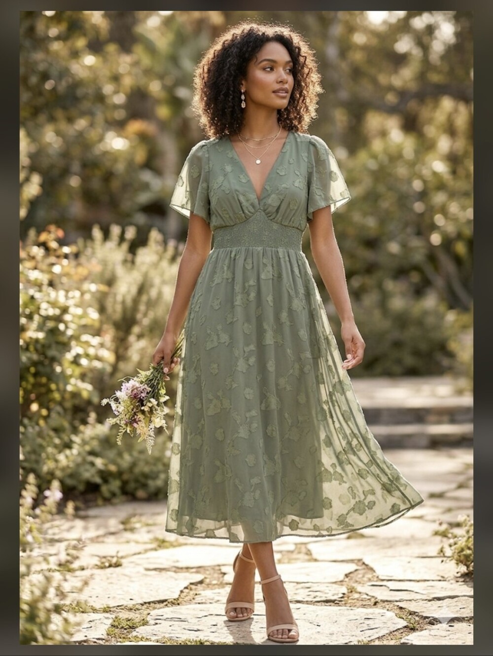 Baltic Born Olive Green V-Neck Midi Dress